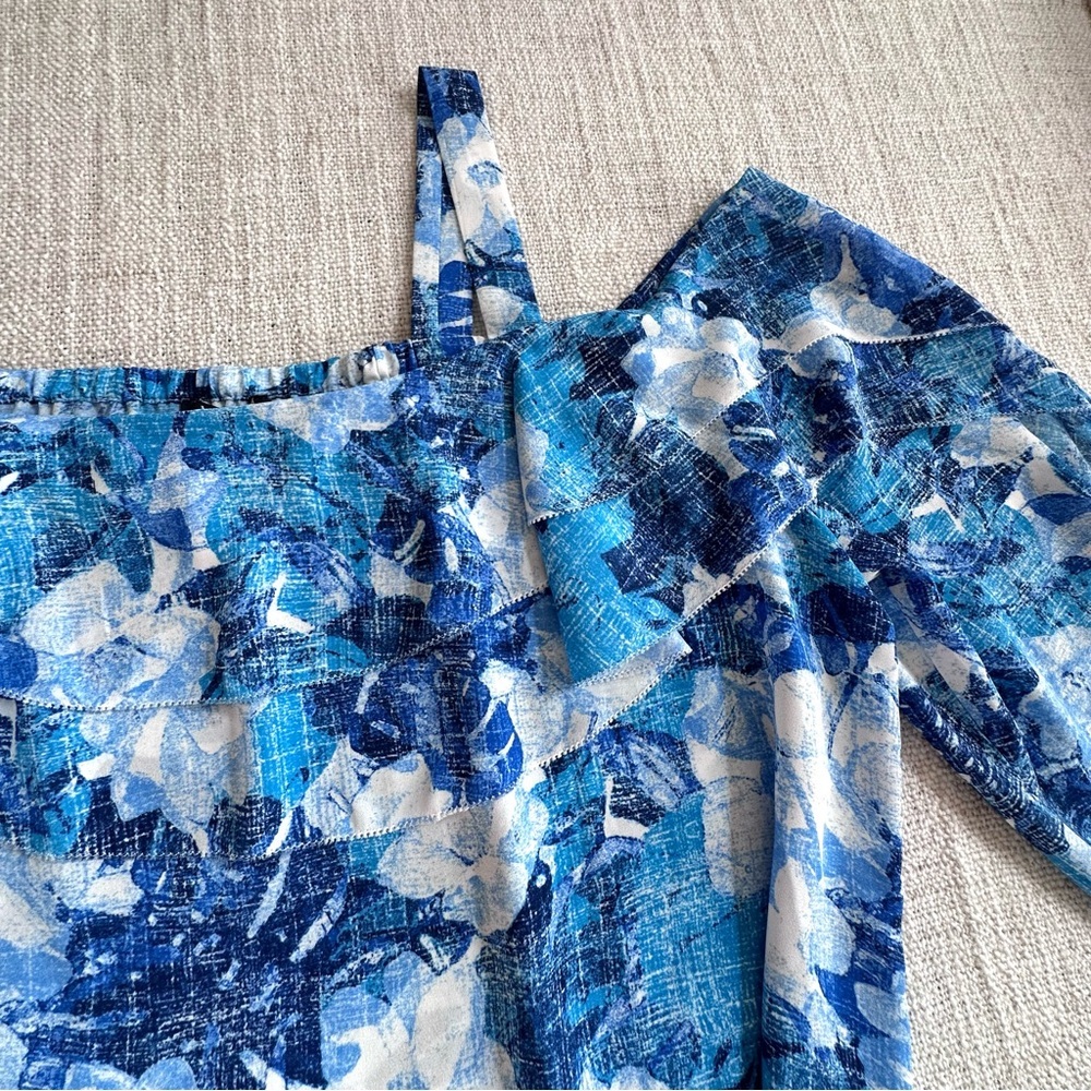 NYDJ Floral Cold Shoulder Top Blue White Ruffle Tunic Blouse Long Sleeve Women S - Picture 4 of 12